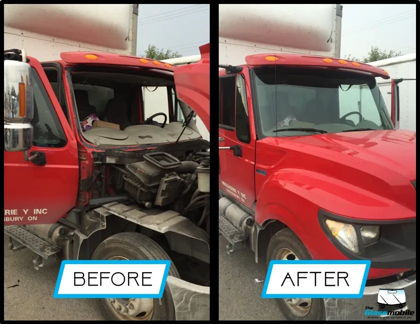 Transport truck windshield replaced